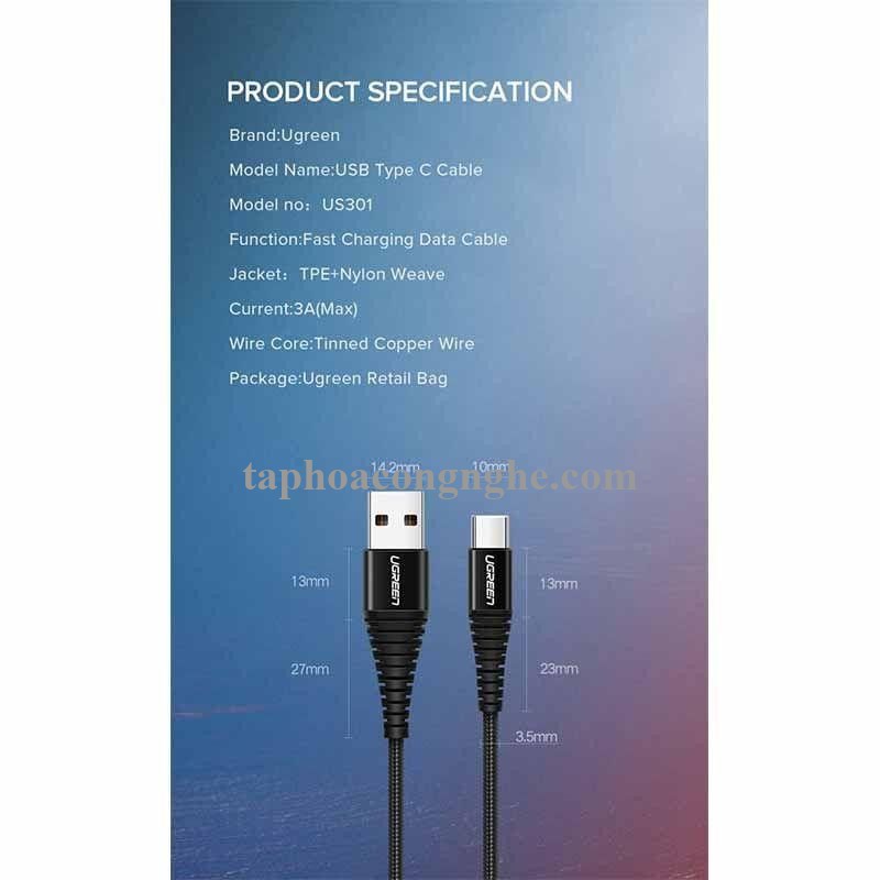 Ugreen 70559 25cm QC3.0 cáp USB A ra Type C dây dù siêu bền đầu nhôm chống gãy 0.25M US301 30070559